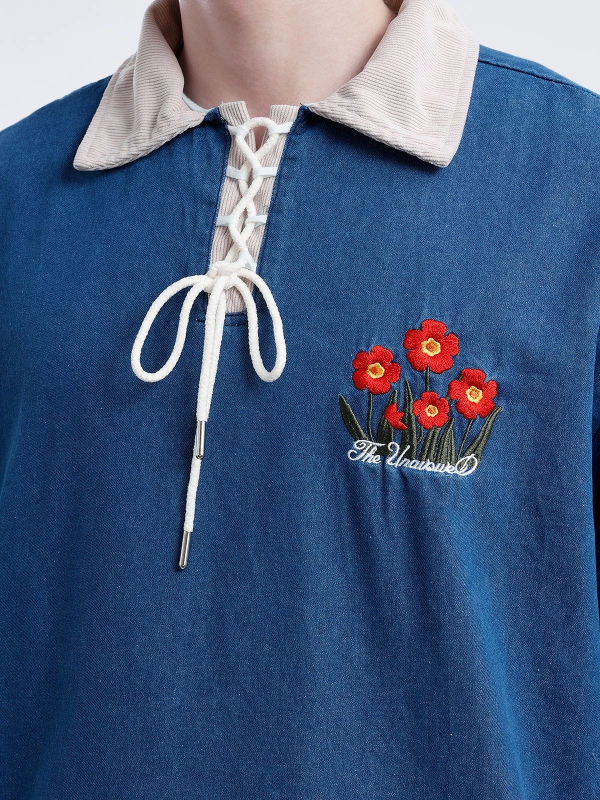 Aelfric Eden Floral Embroidery Denim Polo Tee 9 Aelfric Eden Floral Embroidery Denim Polo Tee - Image 7