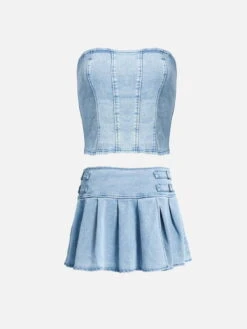 Slit Wrinkle Denim Skirt Set