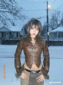 Aelfric Eden Vintage Furry Paneled Faux Leather Jacket -Aelfric Eden Shop 334455 1