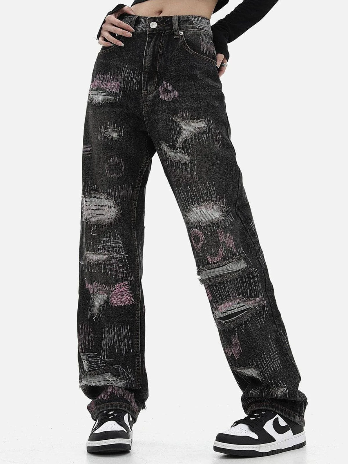 Aelfric Eden Graffiti Embroidered Ripped Straight Jeans 4 Aelfric Eden Graffiti Embroidered Ripped Straight Jeans - Image 2