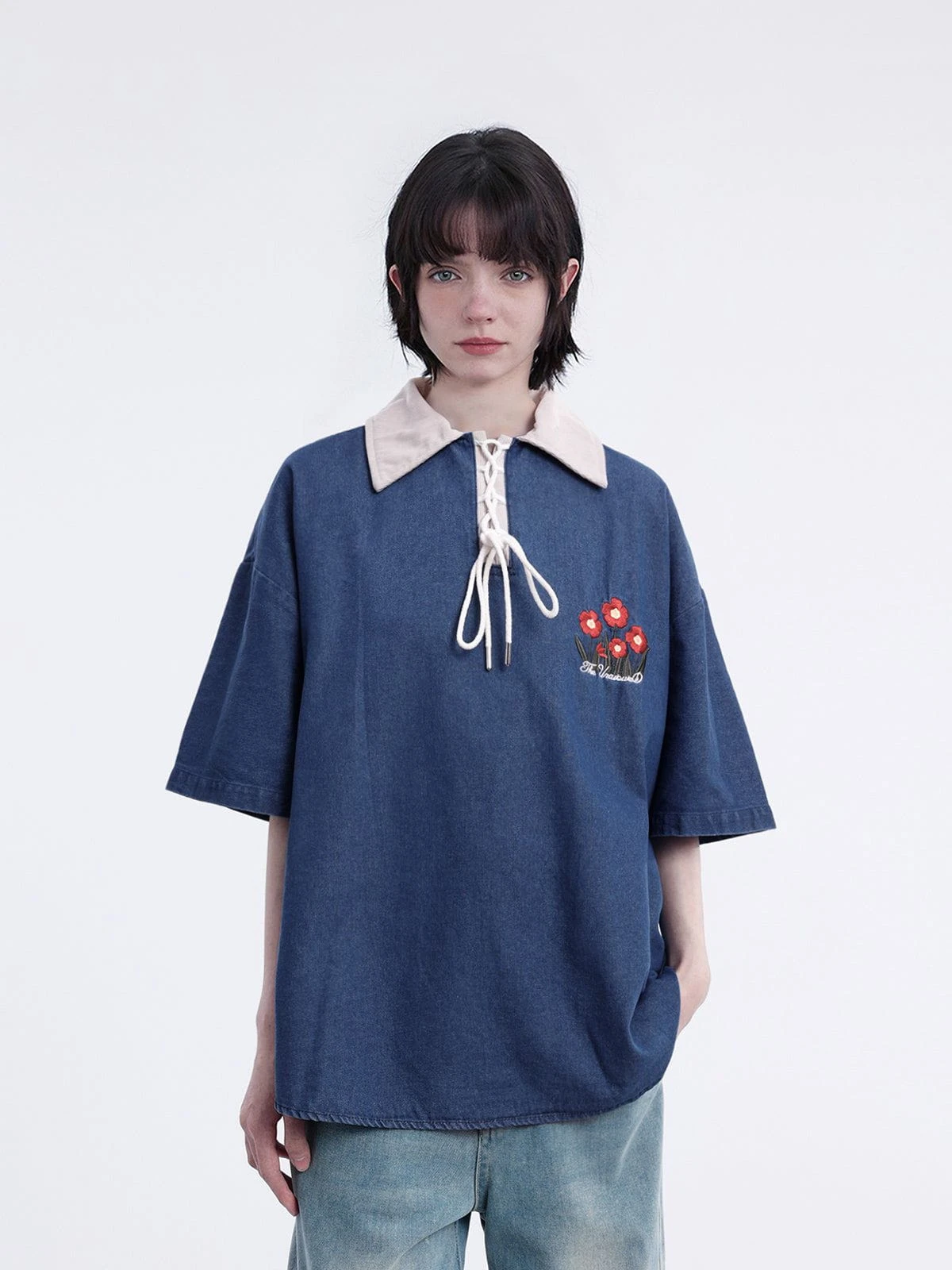 Aelfric Eden Floral Embroidery Denim Polo Tee 5 Aelfric Eden Floral Embroidery Denim Polo Tee - Image 3