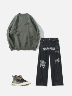 Aelfric Eden "Rwoiut" Fringed Design Sweater 9 Aelfric Eden "Rwoiut" Fringed Design Sweater -Aelfric Eden Shop GZ051093 AelfricEdenGothicAlphabetHoleJeans