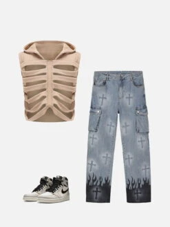 Aelfric Eden Distressed Skeleton Hooded Vest -Aelfric Eden Shop LXS1468001 BGZ458002