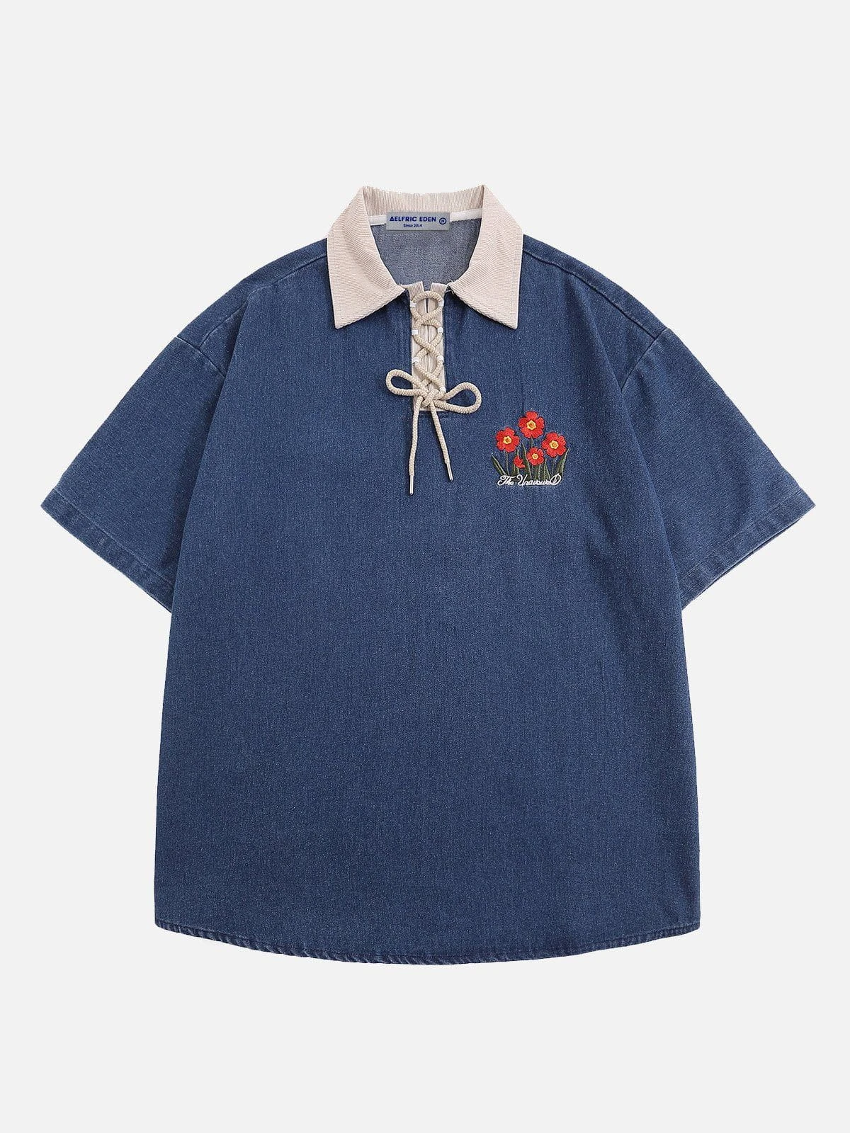 Aelfric Eden Floral Embroidery Denim Polo Tee 4 Aelfric Eden Floral Embroidery Denim Polo Tee - Image 2