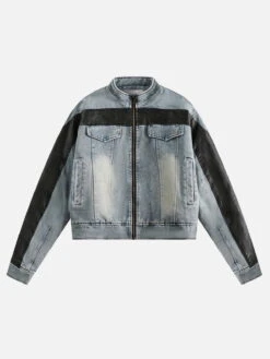 Faux Leather Patchwork Denim Racing Jacket