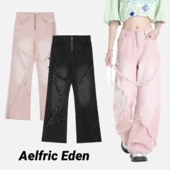 Aelfric Eden | Star Unisex Denim Street Style Plain Cotton Fringes Wide Leg