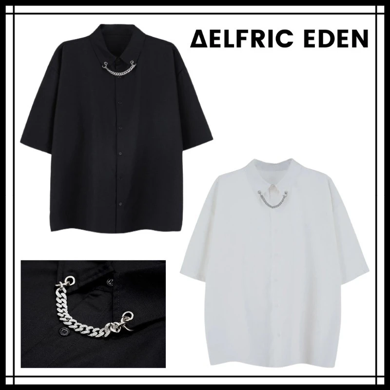 Aelfric Eden | Unisex Street Style Chain Plain Short Sleeves Front Button 3 Aelfric Eden | Unisex Street Style Chain Plain Short Sleeves Front Button